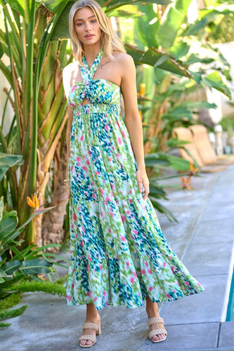 PRINTED SMOCKED RUFFLE MAXI DRESS