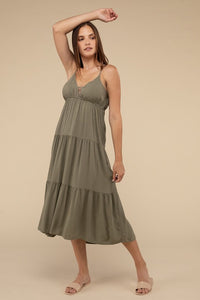 Woven Sweetheart Neckline Tiered Cami Midi Dress