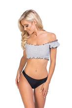 Load image into Gallery viewer, Short sleeve off the shoulder striped bikini