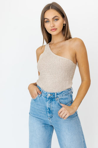 ONE SHOULDER TAPE YARN KNIT TOP