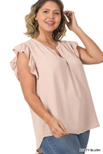 Load image into Gallery viewer, PLUS WOVEN WOOL PEACH RUFFLED SLEEVE HIGH LOW TOP