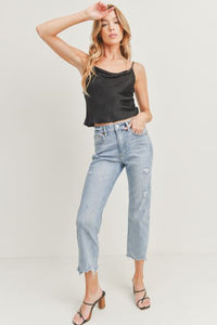 HIGH RISE STRAIGHT JEANS WITH HEM DETAIL