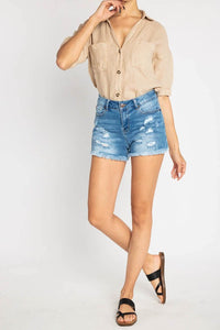 High Rise Fray Hem Destructed Shorts