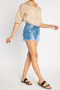 High Rise Fray Hem Destructed Shorts