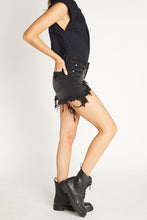 Load image into Gallery viewer, High rise destressed mid length washed black short