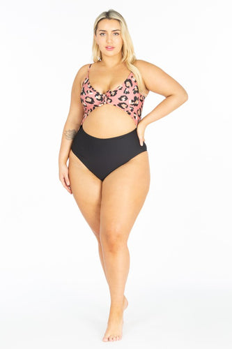 Curvy Size Cut Out Pink Leopard Print Swimsuit