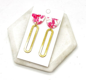 Pink White Gold Oval Acrylic Metal Earrings