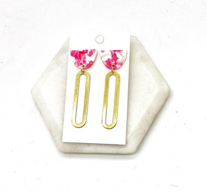 Pink White Gold Oval Acrylic Metal Earrings