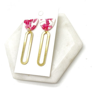 Pink White Gold Oval Acrylic Metal Earrings