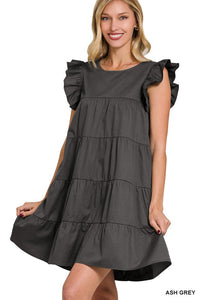 RUFFLED CAP SLEEVE BABYDOLL TIERED MINI DRESS