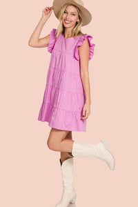 RUFFLED CAP SLEEVE BABYDOLL TIERED MINI DRESS