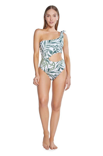 ONE SHOULDER LEAF CUTOUT ONE PIECE SWIMSUIT