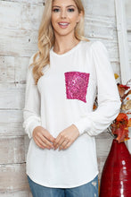 Load image into Gallery viewer, Solid Long Sleeve Top with Sequined Chest Pocket