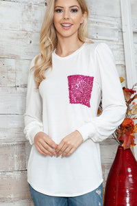 Solid Long Sleeve Top with Sequined Chest Pocket