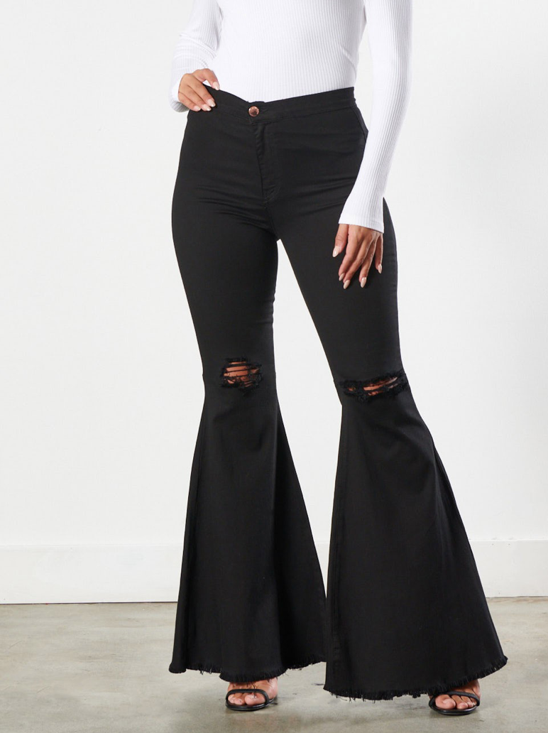 Dance With Me Black Distressed Bell Bottoms