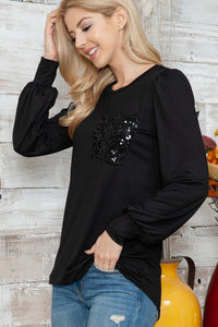 Solid Long Sleeve Top with Sequined Chest Pocket