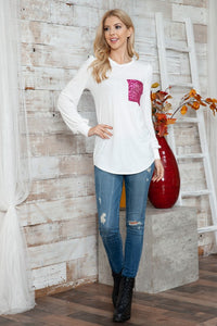 Solid Long Sleeve Top with Sequined Chest Pocket