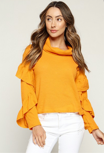 Mustard Long Ruffle Sleeve Mock Neck Top