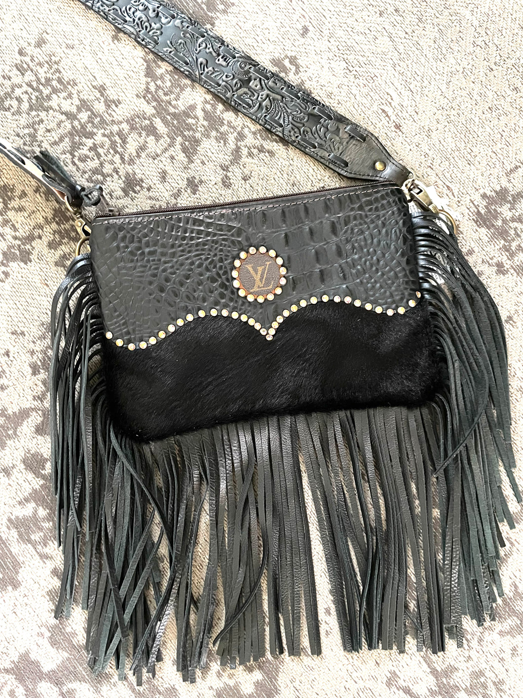 Upcycled Maxine Black on Black Tooled Bag