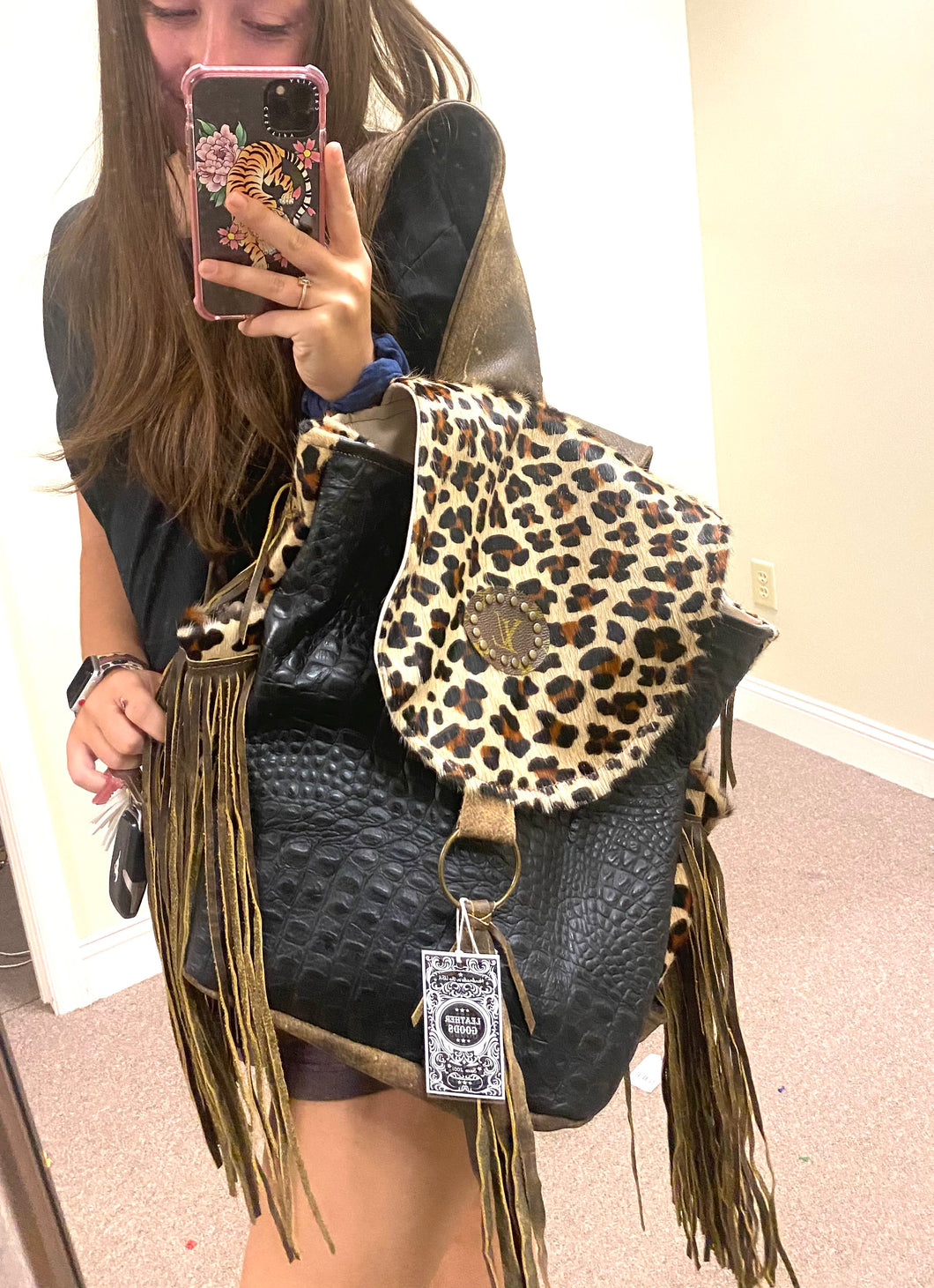 Upcycled Leather Leopard Fringe Backpack