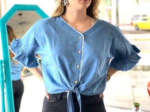Denim Button Down Ruffle Sleeve