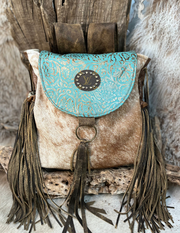 Upcycled Aqua Rosie fringe backpack