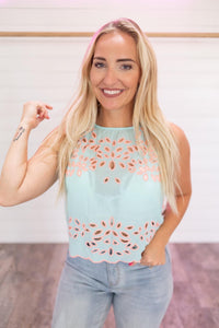Mint Scalloped Key Hole Tank