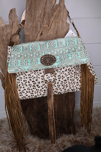 Large Turquoise and Leopard Fringe Bag