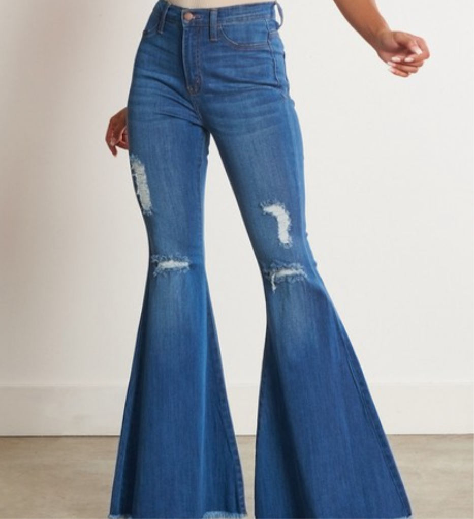 Hazel High Rise Distressed Denim Flares