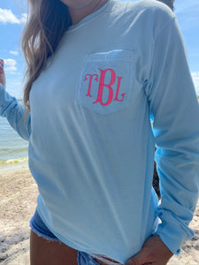 Powder Blue Long Sleeve Monogram Tee