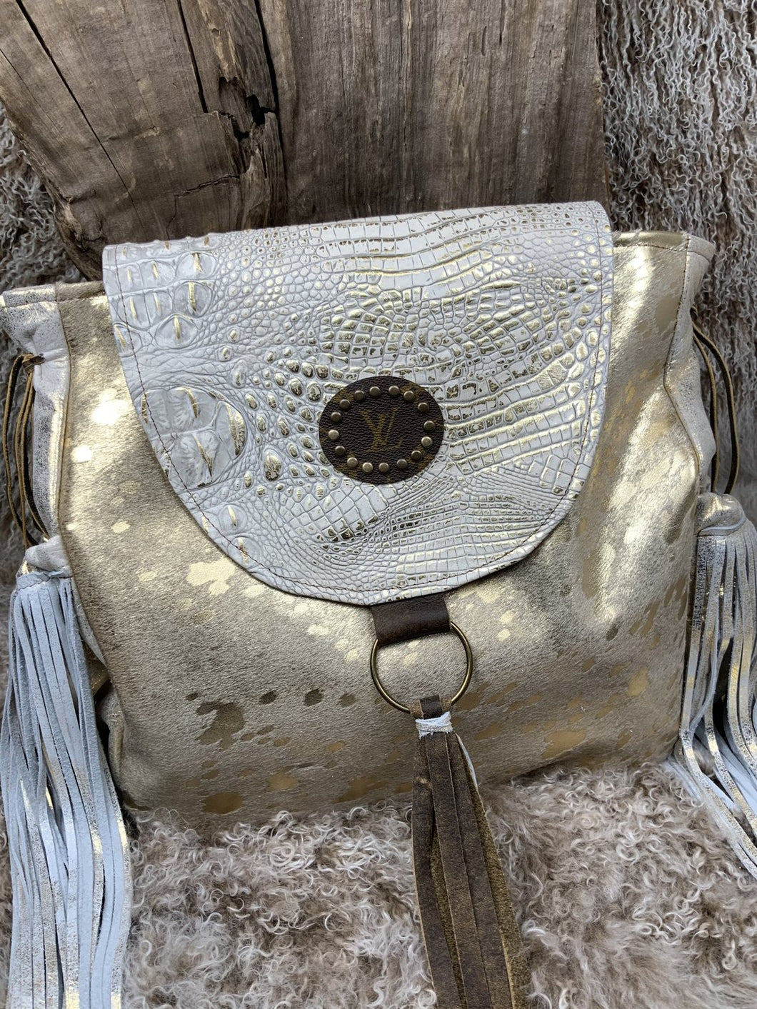 Upcycled Backpack Gold Acid and White Gold Croc