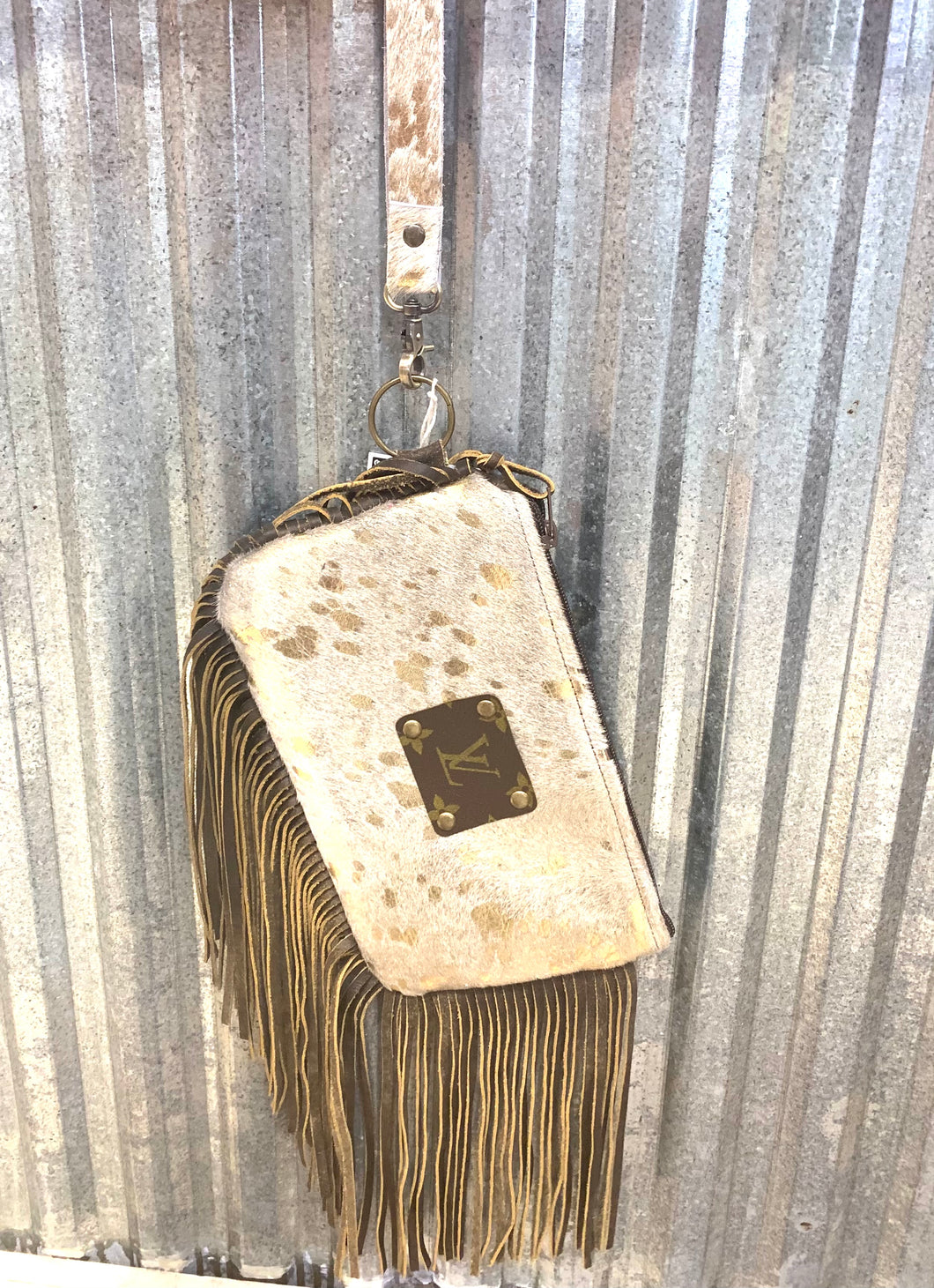 Upcycled Cowhide Fringe Wristlet