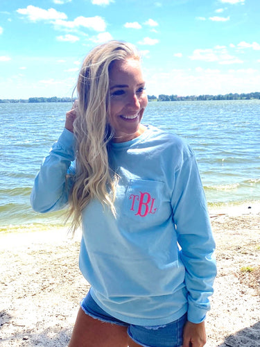 Powder Blue Long Sleeve Monogram Tee